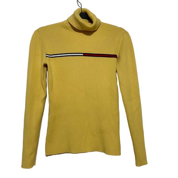 Tommy Hilfiger Yellow Ribbed Turtleneck Sweater Small Preppy Academia Ivy Y2K - Picture 1 of 9